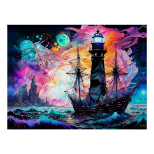 Pôster Mares tempestuosos, farol de barco Abstrato da Lua