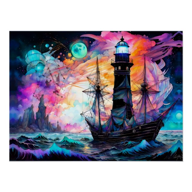 Pôster Mares tempestuosos, farol de barco Abstrato da Lua (Frente)