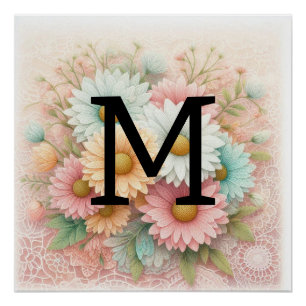 Pôster Margarida azul-azul-rosa-floral monograma