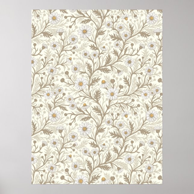Poster Margaridas em branco e marrom sobre branco fosco (Frente)