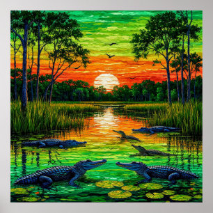 Poster Margem do Rio com Jacarés ao Pôr do Sol