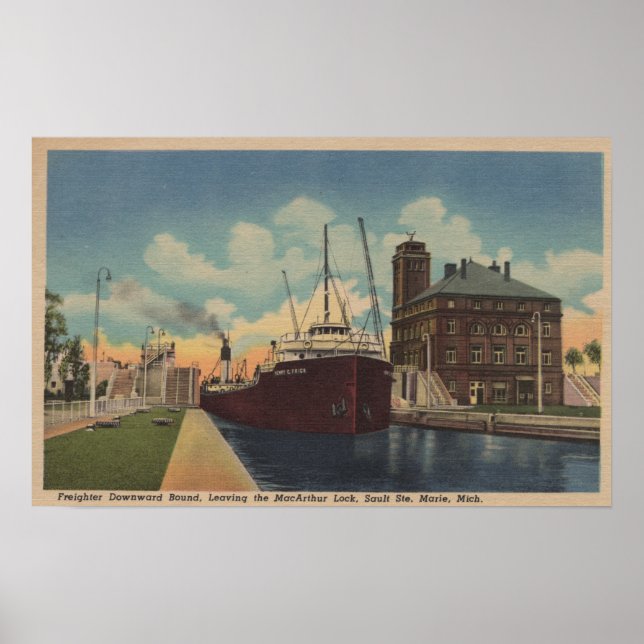 Pôster Marie, MI - Vista do Cargueiro Saindo de MacArthur (Frente)