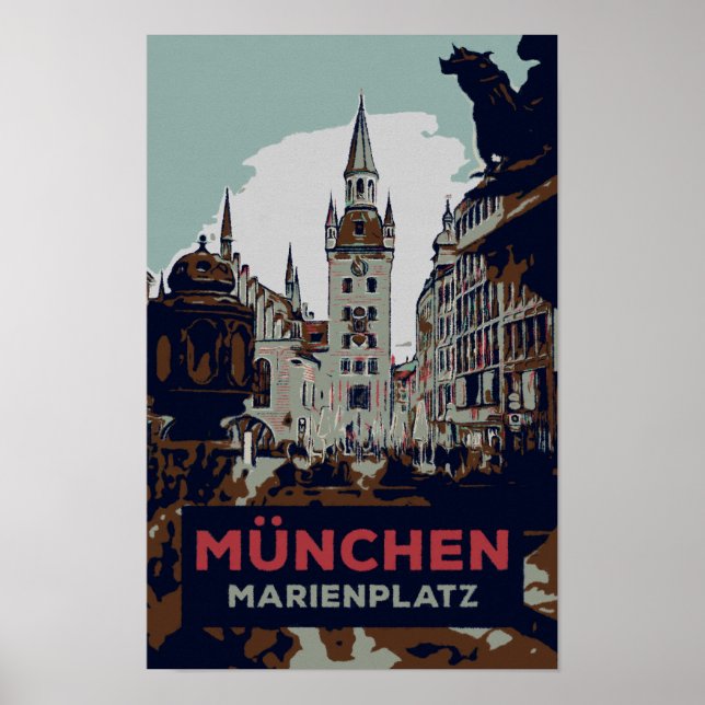 Poster Marienplatz, Ilustração do Centro Municipal de Mun (Frente)