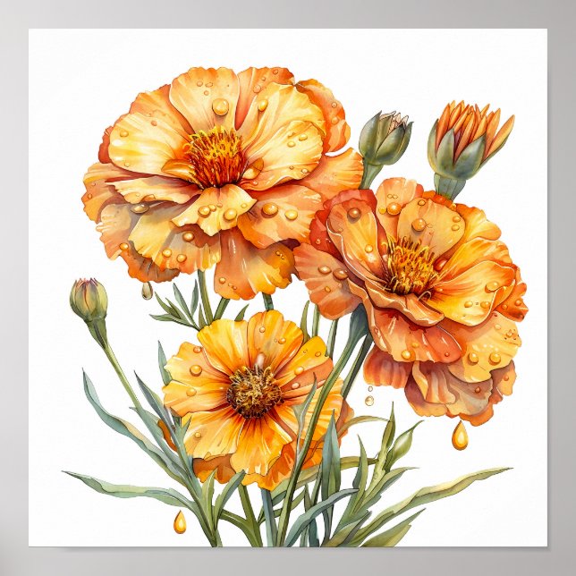 Poster Marigold Impressão, Orange Flowers Wall Art (Frente)