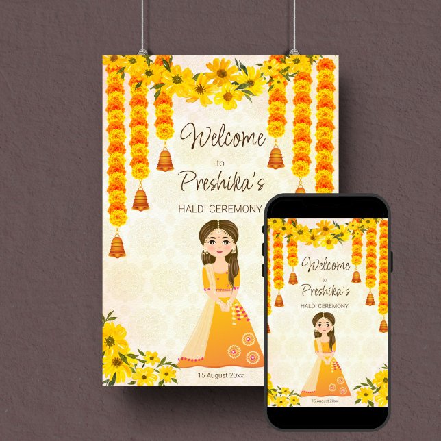 Poster Marigolds cute Indian girl Haldi custom welcome (Girls Haldi Indian wedding welcome sign template digital download cute girl marigold garlands)