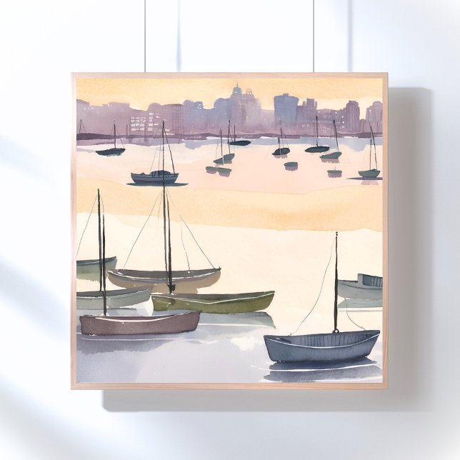 Poster Marina de Barcos | Baía Oceânica em Aquarela (Criador carregado)