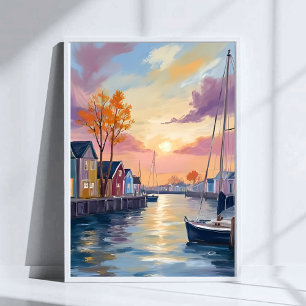 Poster Marina de Barcos Pintura em Aquarela da Baía Cos
