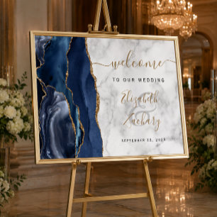 Poster Marinho Azul Azul Casamento Dourado Marble Bem-Vin