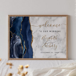 Poster Marinho Azul Azul Casamento Dourado Marble Bem-Vin
