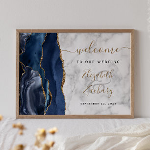 Poster Marinho Azul Azul Casamento Dourado Marble Bem-Vin