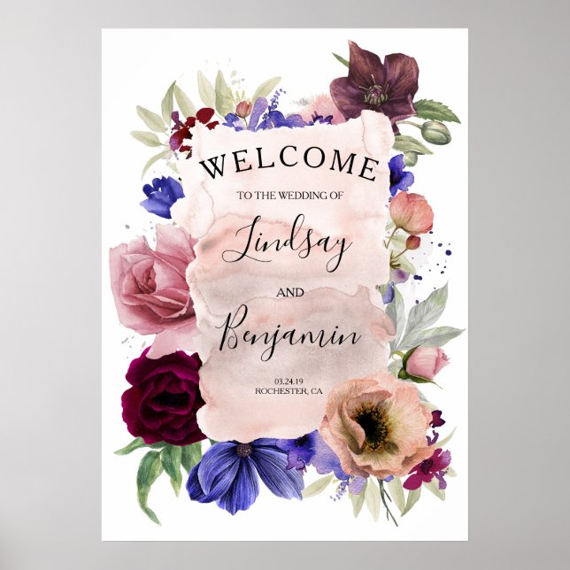 Poster Marinho Azul Blush Burgundy Sinal de Boas-vindas (Frente)