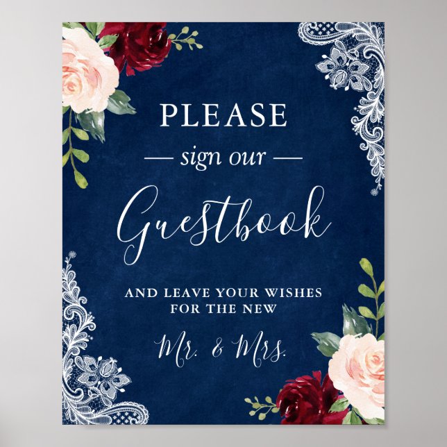 Poster Marinho Azul Blush Floral Lace Sinal de Guestbook (Frente)