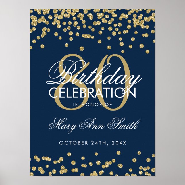 Poster Marinho Azul de Glitter Confetti de 80 Dourado (Frente)