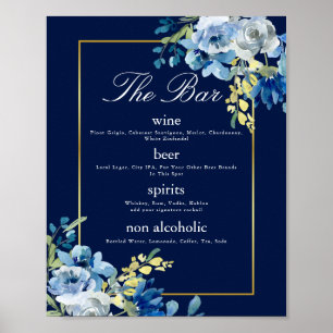 Poster Marinho Azul, Dourado, Bar Floral Elegante