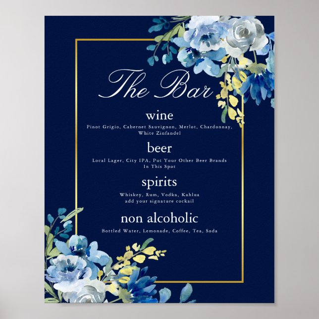 Poster Marinho Azul, Dourado, Bar Floral Elegante (Frente)