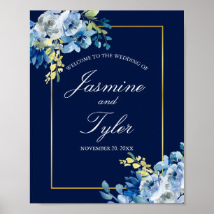 Poster Marinho Azul Dourado Floral Elegante Noite Casado