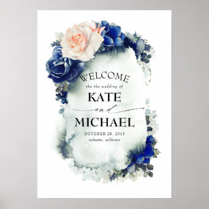 Poster Marinho azul e Casamento vintage Floral Peach bem-