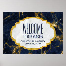 Poster Marinho Azul e Dourado Casamento Moderno Marble Bo