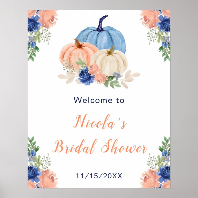 Poster Marinho Azul e Pumpkins Floral Bridal Boas-vindas (Frente)