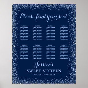 Poster Marinho Azul Faux Glitter Sweet 16 Seating Chart