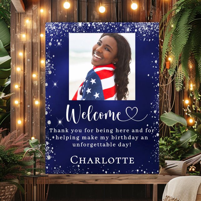 Poster Marinho azul festa de aniversário de fotos prata b (Criador carregado)