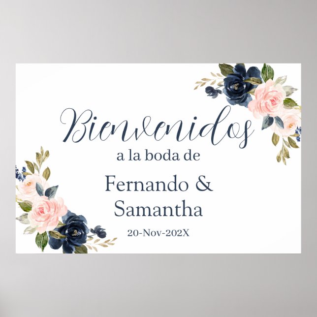 Poster Marinho Azul Floral Casamento Espanhol Sinal de Bo (Frente)