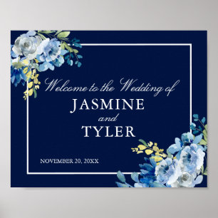 Poster Marinho Azul Floral Elegante Bem-vindo ao nosso Ca