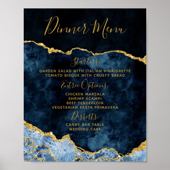 Poster Marinho Azul Folha de Ouro Agate Menu Casamento Si (Frente)