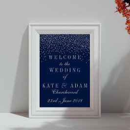 Poster Marinho Azul & Glam Silver Confetti Boas-vindas