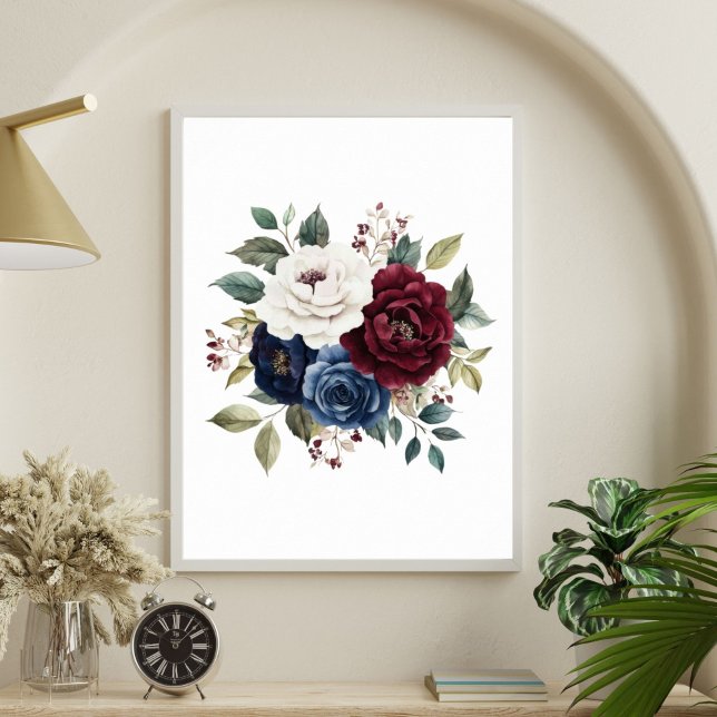 Poster Marinho azul Marrom Buquê branco azul Floral (Burgundy Maroon, Navy blue White Floral Poster Print. Printed or Digital Download)