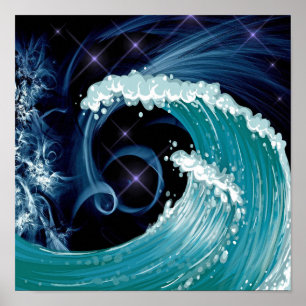 Poster Marinho Azul Wispy Night Sky   Desenho De Ondas Ja
