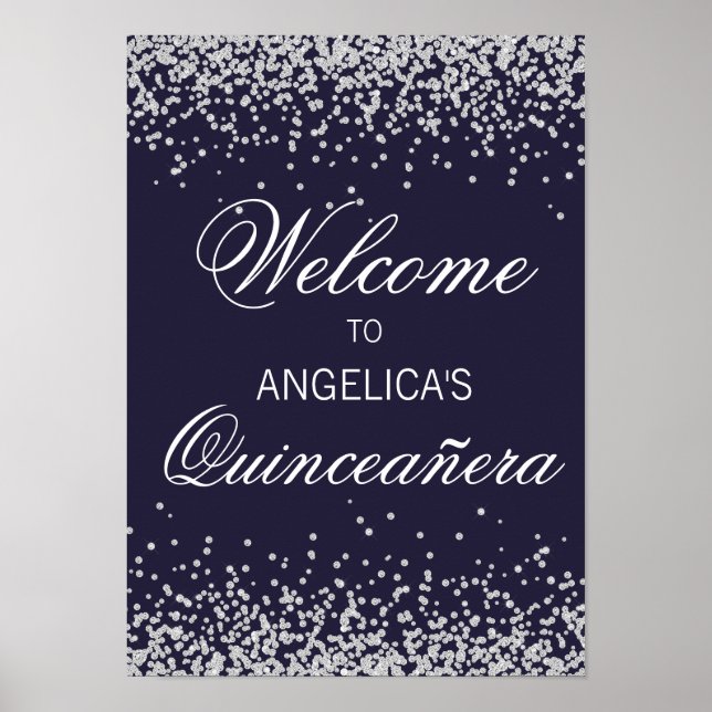 Poster Marinho Blue Silver Glitter Quinceañera Bem-vindo (Frente)
