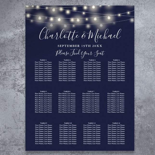 Poster Marinho Blue String Lights Weding Seating Chart (Navy Blue String Lights Wedding Seating Chart)
