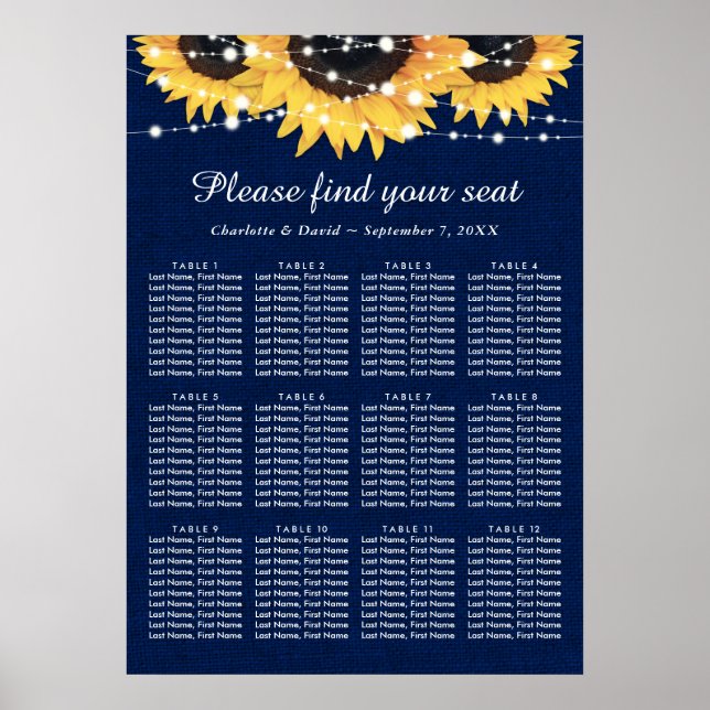 Poster Marinho Blue Sunflower Wedding Seating Plan 12 (Frente)