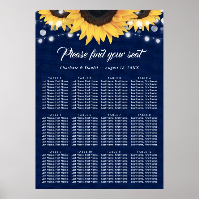 Poster Marinho Blue Sunflower Wedding Seating Plan 12 (Frente)