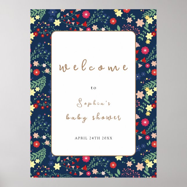 Poster Marinho Blue Wildflower Frame Chá de fraldas Bem-v (Frente)