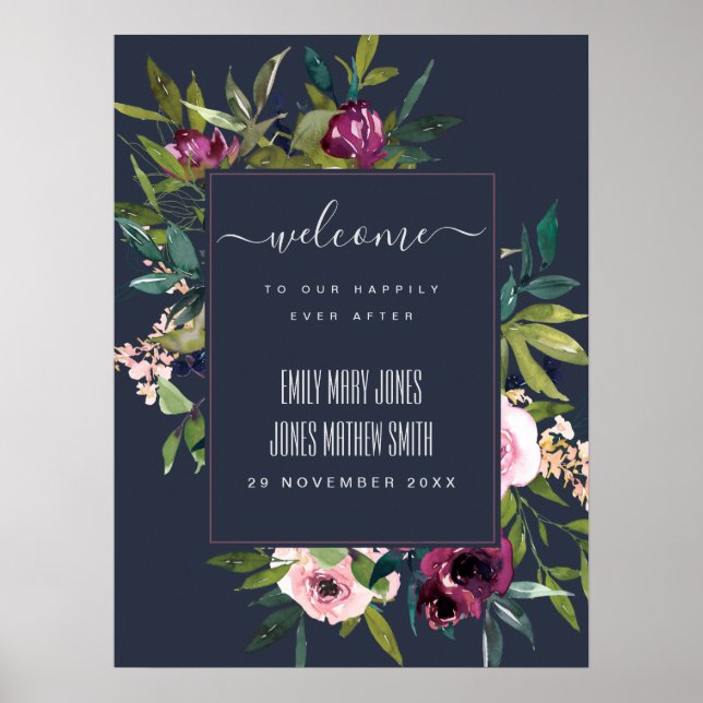 POSTER MARINHO BLUSH BURGUNDY FLORAL BUNCH CASAMENTO BEM- (Frente)