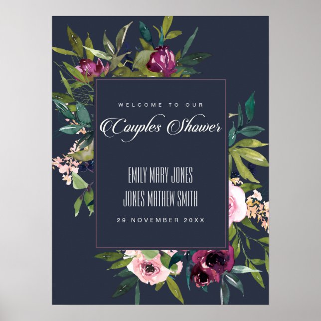 POSTER MARINHO BLUSH BURGUNDY FLORAL CASAIS BEM-VINDOS (Frente)