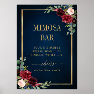 Poster Marinho Borgonha Blush Bar Dourado Floral Mimosa