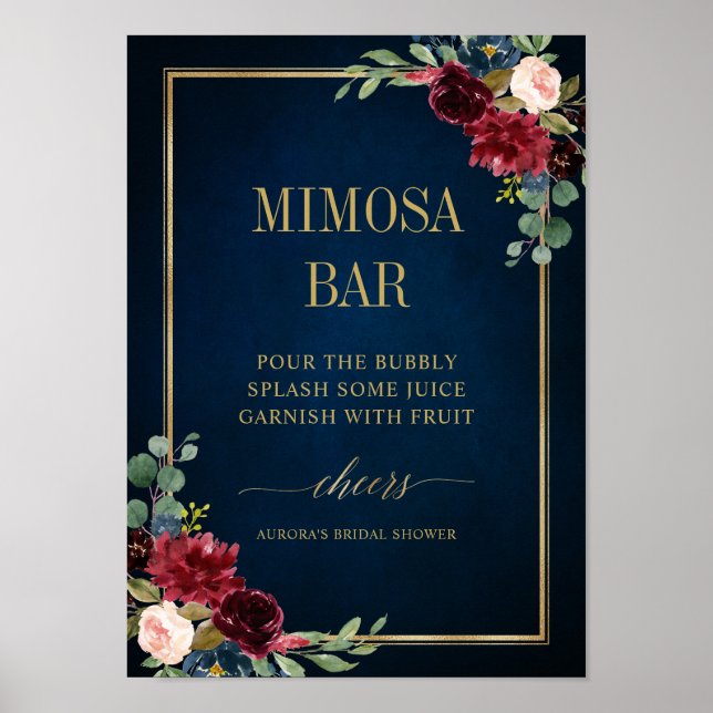 Poster Marinho Borgonha Blush Bar Dourado Floral Mimosa (Frente)