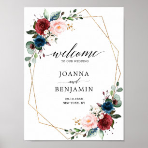 Poster Marinho Borgonha Blush Dourado Casamento Geométri