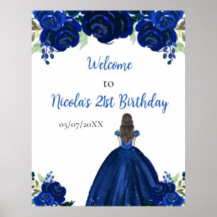 Poster Marinho da Princesa do Cabelo Castanho Aniversário