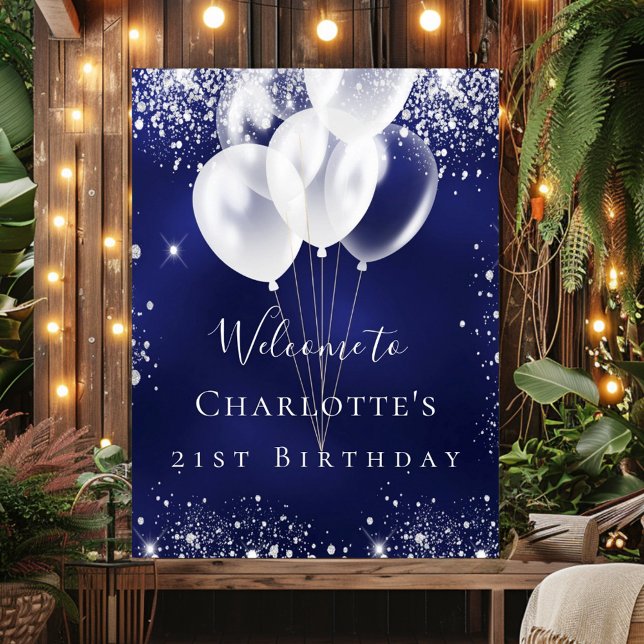 Poster Marinho de aniversário balões com brilho de prata  (Criador carregado)