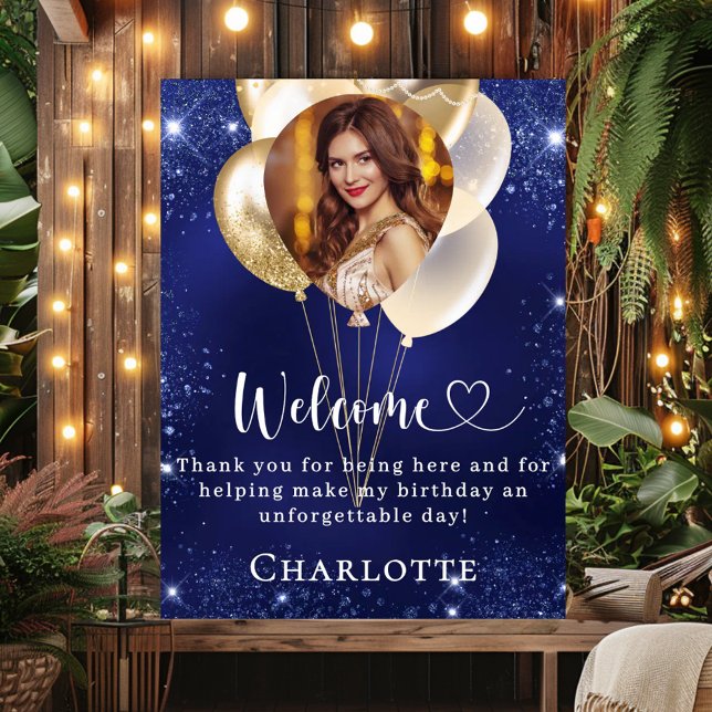 Poster Marinho de aniversário balões de ouro azul foto be (Criador carregado)