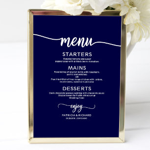 Poster Marinho de Caligrafia Chic no Menu Casamento Azul