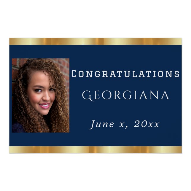 Pôster Marinho de Graduação Foto Azul Dourada Satin (Frente)