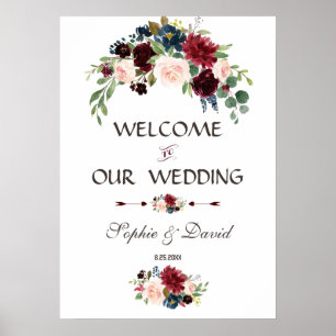 Poster Marinho de Merlot - Sinal de Casamento Floral Azul