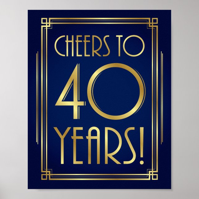 Poster Marinho Dourado Art Deco CHEERS PARA 40 ANOS Sinal (Frente)