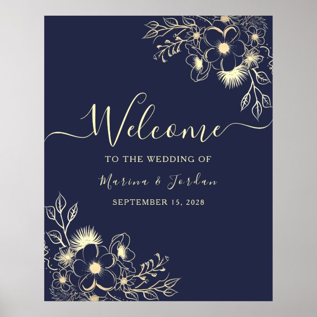 Poster Marinho Dourado Floral Wedding Bem-vindo (Frente)