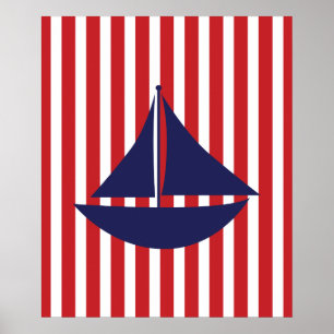 Poster Marinho e navio náutico listrado vermelho